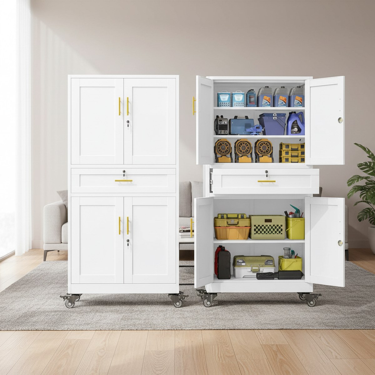 Home Gym Organization - Armário de Armazenamento Metálico com Rodas